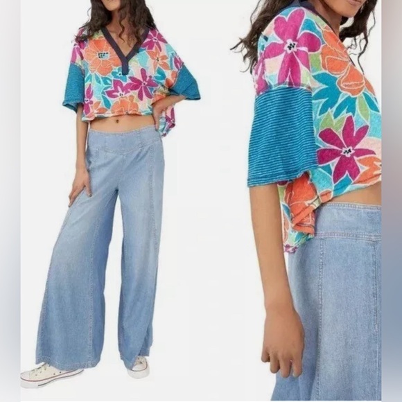 We The Free Tops - Free People We the Free Floral Striped Collared On A Boat Boxy Crop! SIZE S NWT